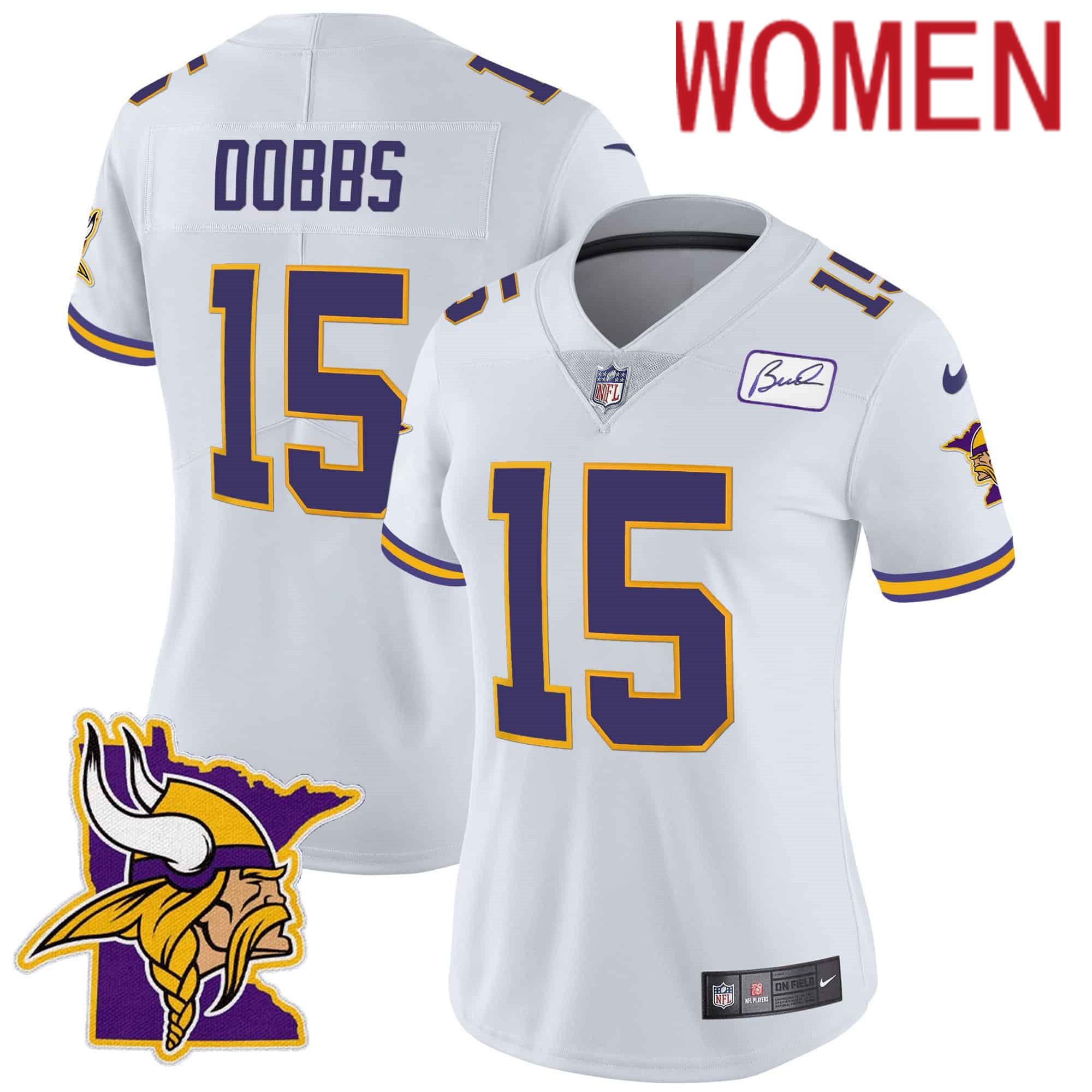 Women Minnesota Vikings #15 Dobbs White 2024 Nike Prince Vapor Limited NFL Jersey style 1